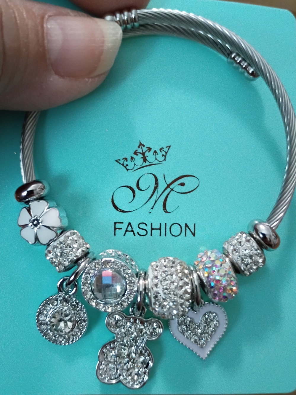 MNM Fashion Silver-Tone Crystal Charm Bracelet with White Enamel Flower